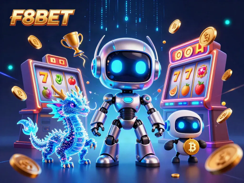 Immerse yourself in F8BET's vibrant casino experience with colorful slot machines and dynamic robot mascots.