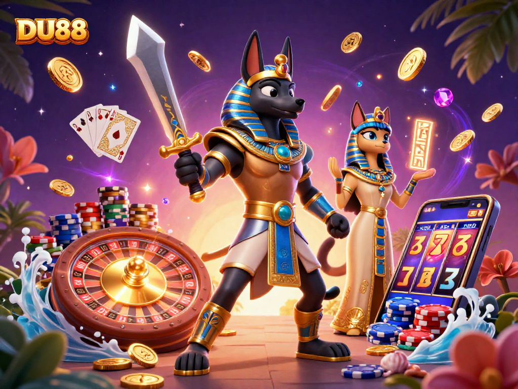 Experience thrilling gameplay with DU88 in a vibrant 3D casino scene featuring Anubis and Bastet.