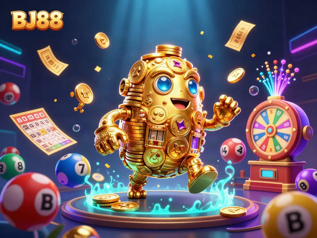 Engage in thrilling gambling adventures with BJ88's vibrant casino illustration featuring dynamic gaming elements.