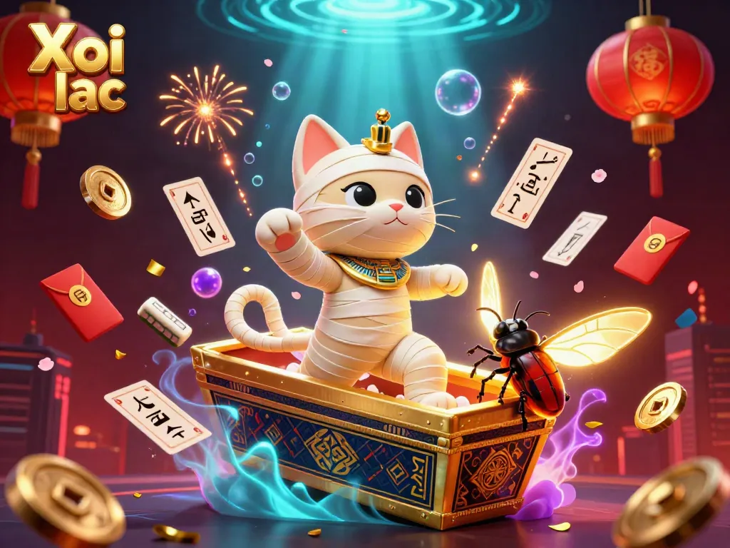Experience thrilling gaming action with Xoi lac, a captivating 3D casino illustration featuring a mummy cat and dynamic casino elements.