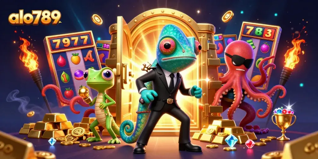 Alo789 features a lively online casino scene with dynamic characters and vibrant gaming elements.