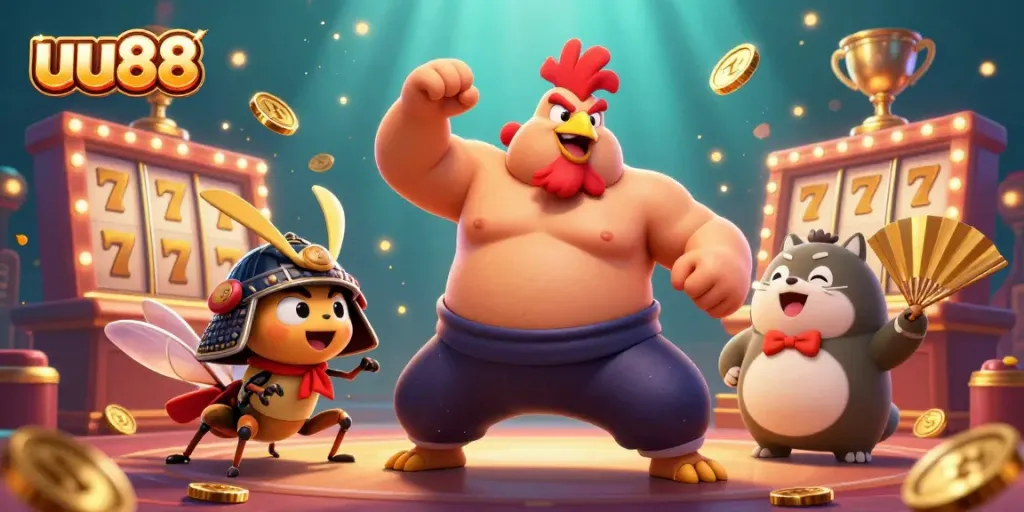 Experience thrilling jackpots at uu88 with a powerful sumo wrestler rooster and fierce cricket, surrounded by vibrant casino elements.