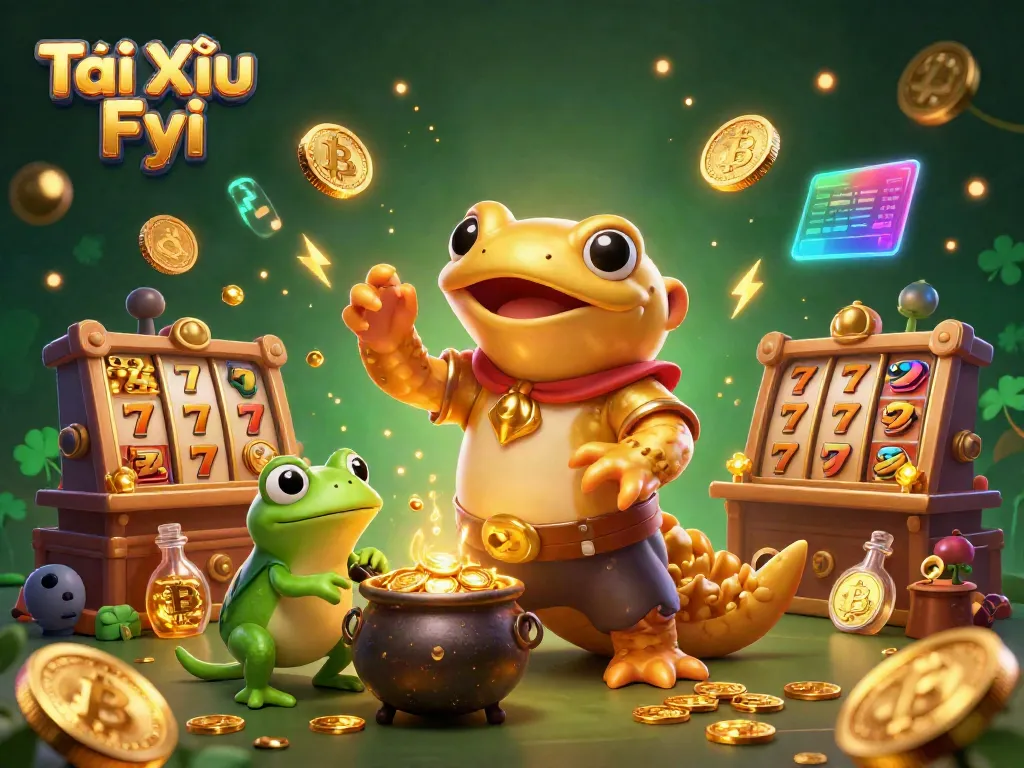 Tài Xỉu Fyi scene depicts a golden salamander alchemist amid coins and slot visuals, rich in detail.