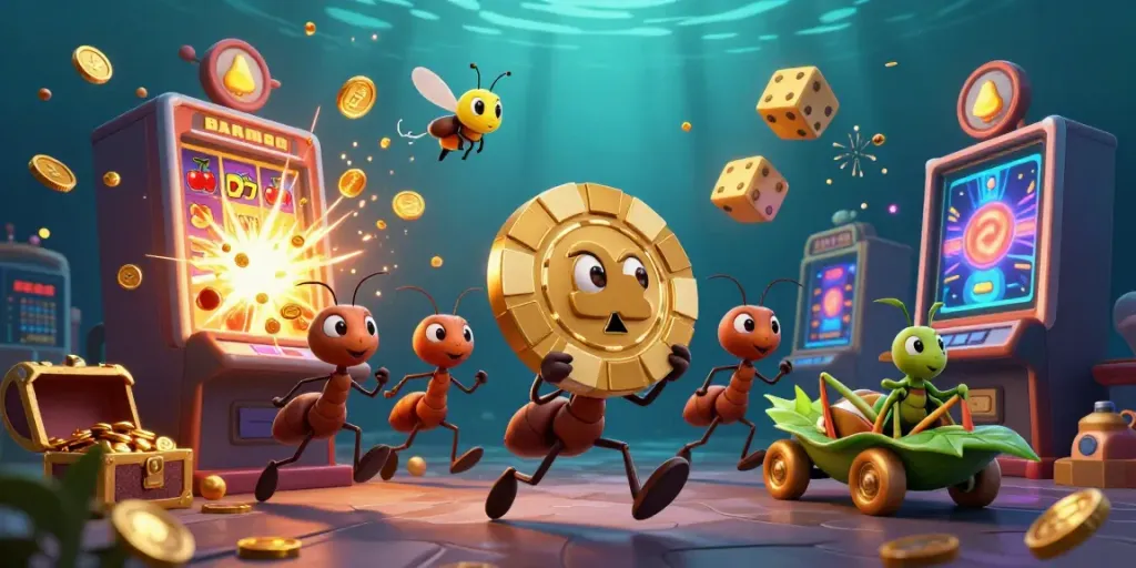 Experience the thrill of winning with Zo win while ants heist golden poker chips under casino excitement.