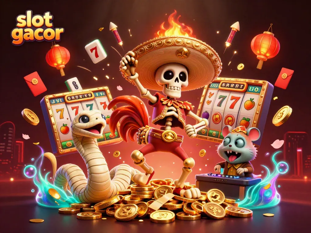 Experience the thrill of slot gacor as a mariachi rooster dances on a sea of coins amid vibrant casino elements.