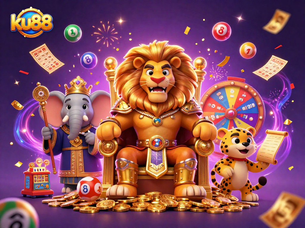 ku88 lottery scene with lion king, elephant advisor, and cheetah messenger amidst vibrant gaming elements