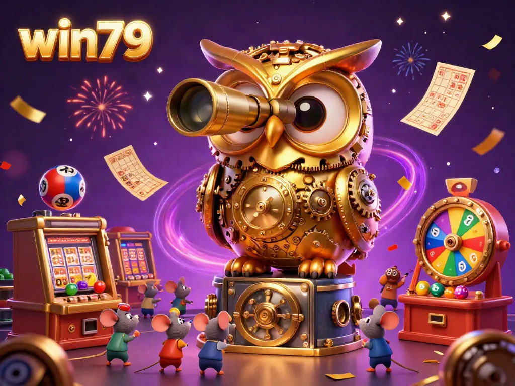 win79 casino scene featuring a golden owl, playful mice, and dynamic lottery elements in a vibrant atmosphere.