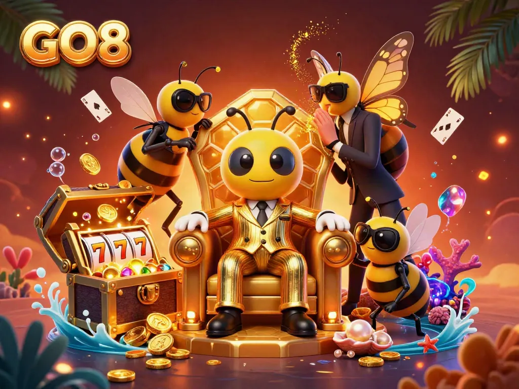 Experience gaming excitement at GO8 with vibrant slots and high-stakes action surrounded by captivating characters.