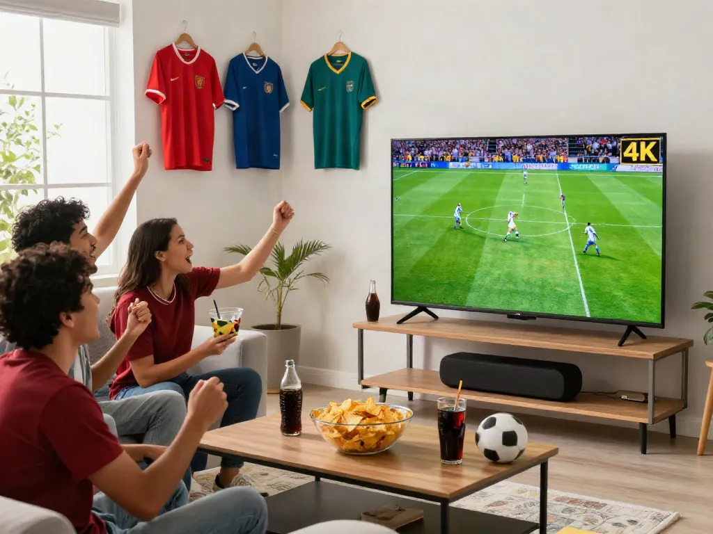 Xoilactv viewers enjoying a live football match in a vibrant home setup