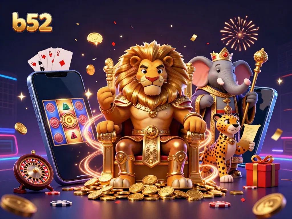 Experience the thrill of b52 games with an immersive 3D scene featuring a lion king, elephant advisor, and cheetah messenger.
