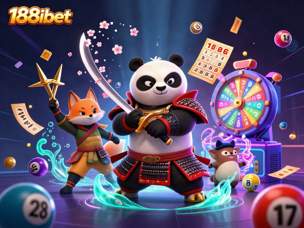 Engage in thrilling gameplay at 188ibet with a dynamic scene featuring samurai panda and a ninja fox amidst vibrant gaming elements.