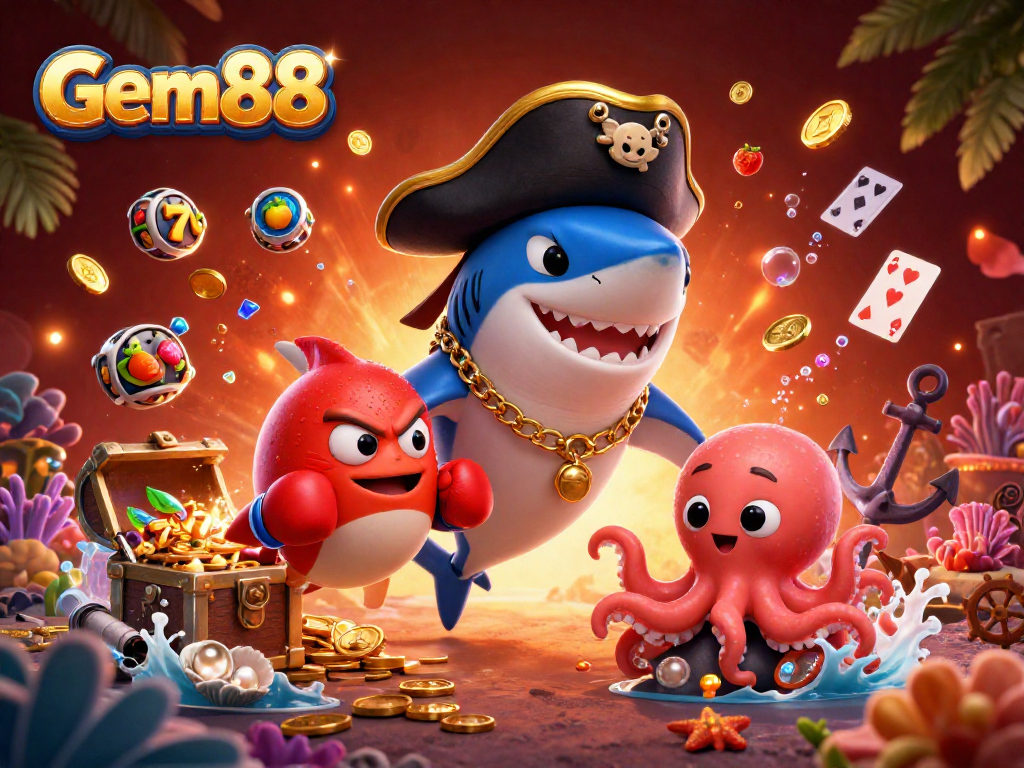 Gem88 brings excitement with a vibrant 3D pirate-themed casino illustration featuring playful sea creatures.