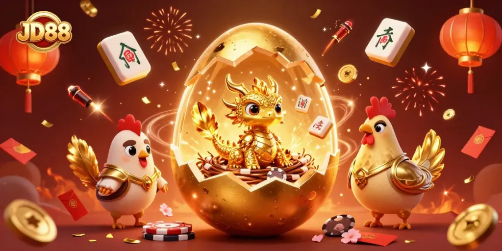Engage with JD88's vibrant casino world featuring a golden baby dragon and poker chips.
