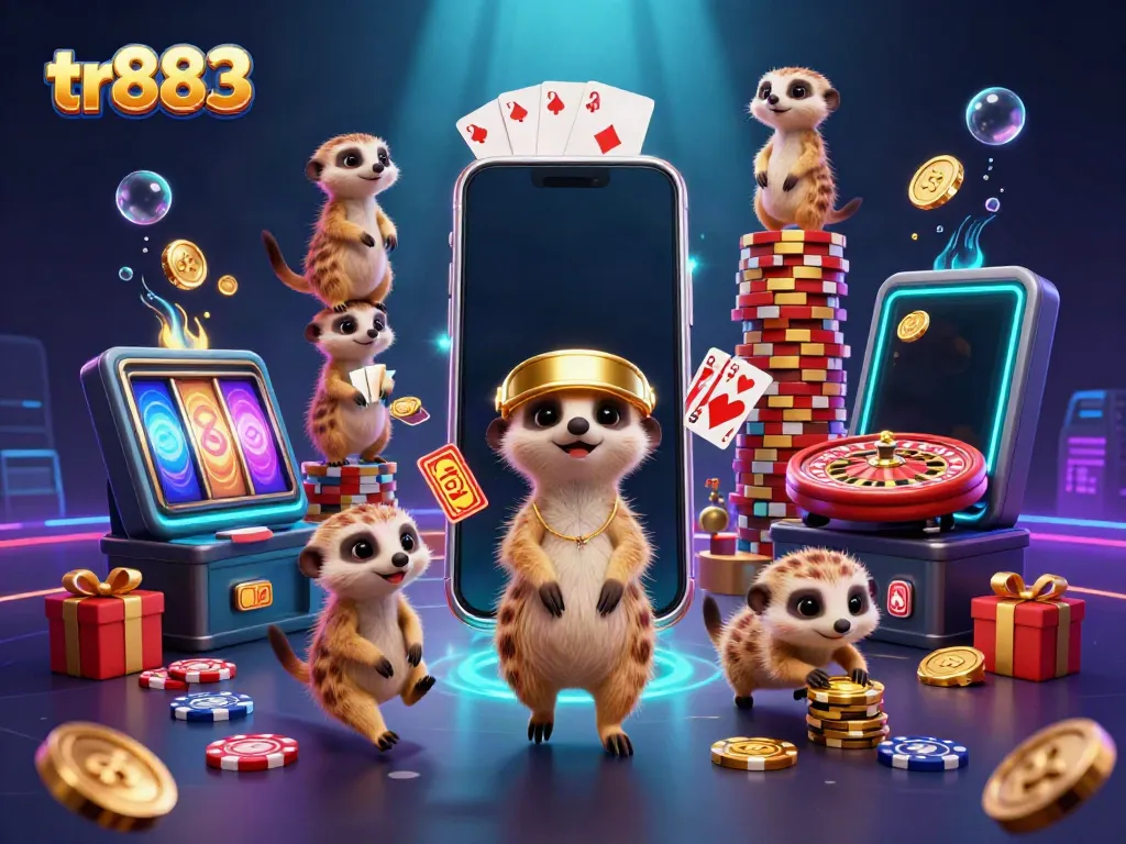 Experience the excitement of winning at tr883's dynamic casino with animated meerkats and colorful gaming elements.