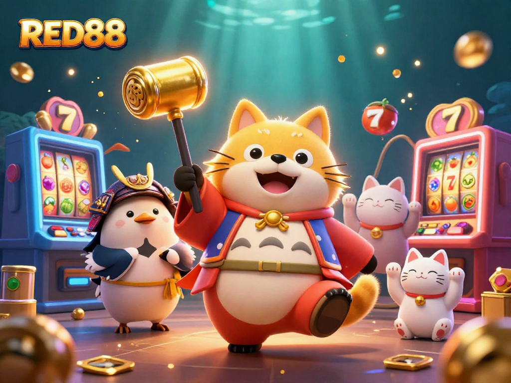 Join RED88 for an exciting slot adventure with cheerful characters surrounded by vibrant gaming machines.