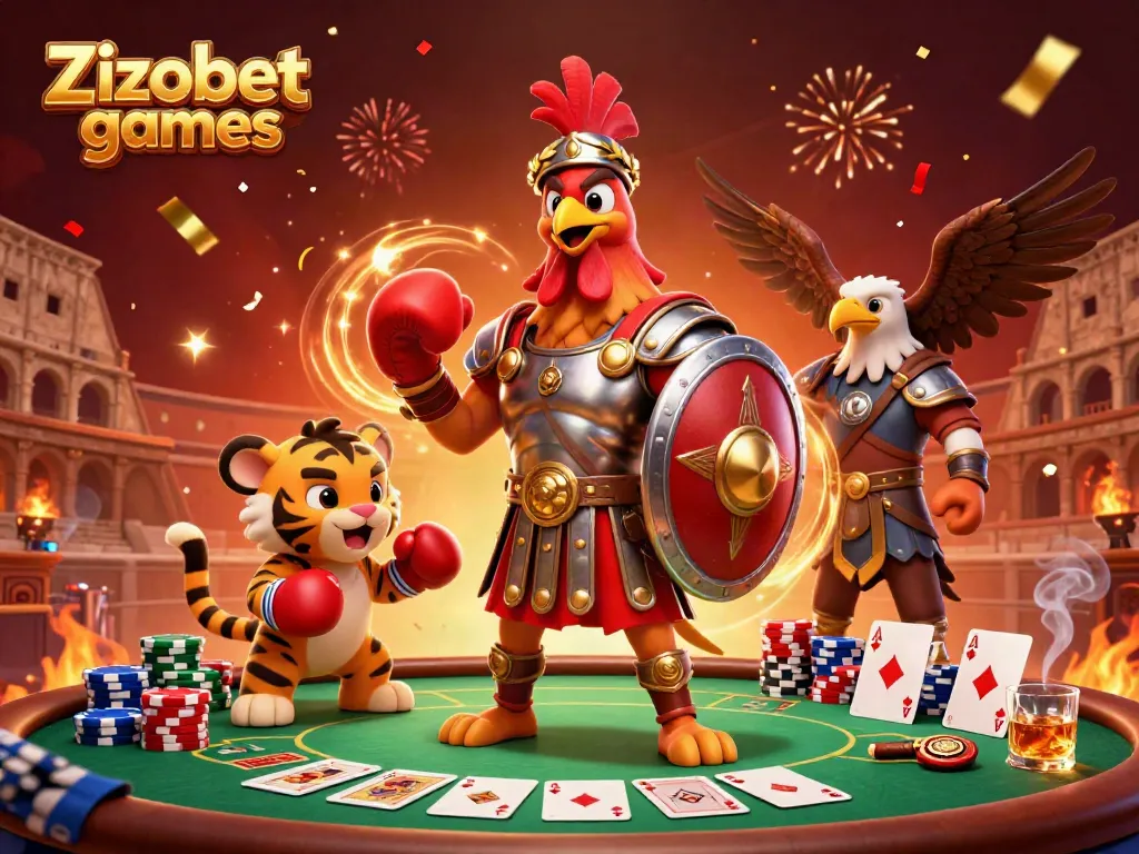 Experience thrilling Zizobet games with a gladiator rooster and vibrant casino elements.