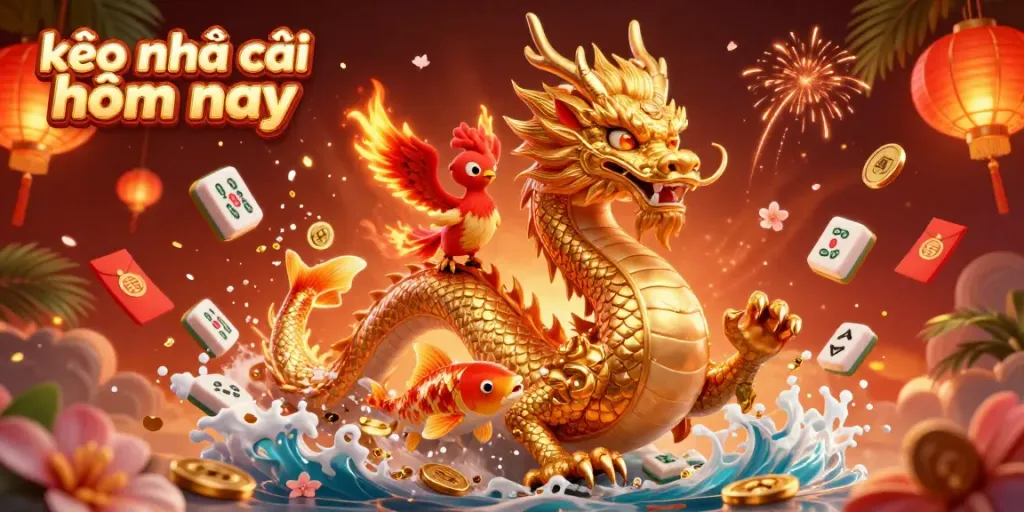 Engage with kèo nhà cái hôm nay through a vibrant 3D scene featuring a golden dragon and phoenix amidst floating gambling elements.