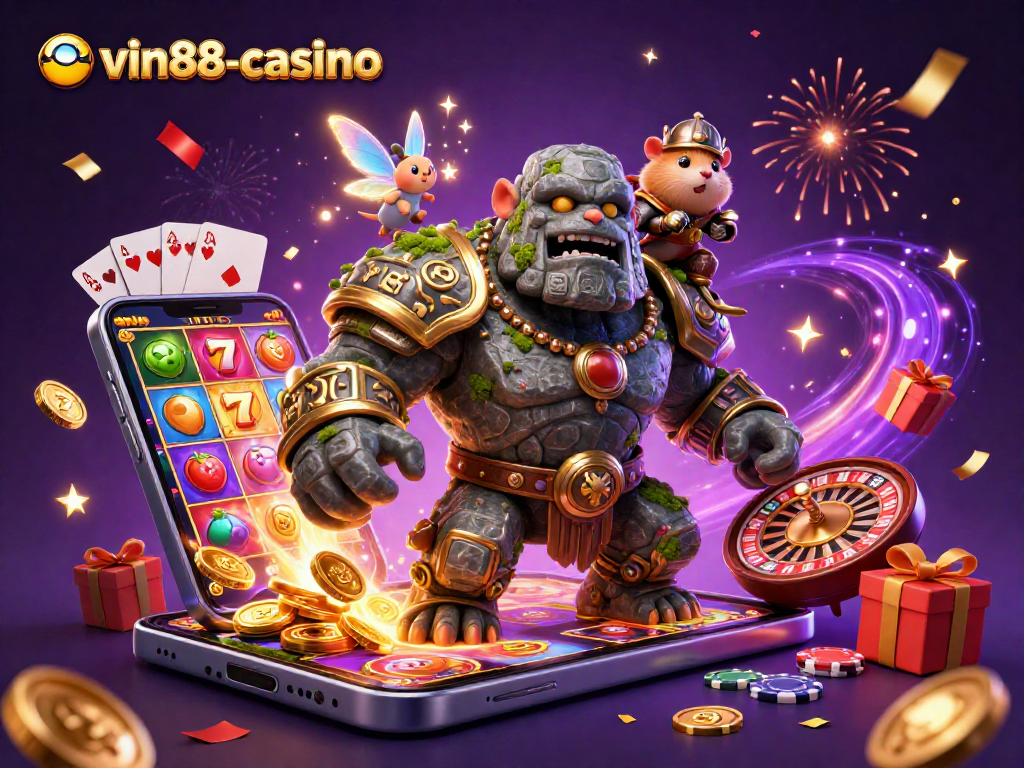 Experience the thrill of vin88-casino with animated characters in a colorful casino scene featuring slot games.
