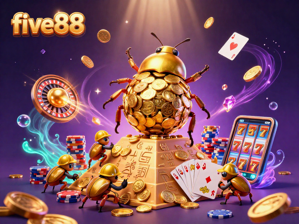 Experience the magic of five88 with a golden dung beetle rolling coins in a vibrant casino scene.