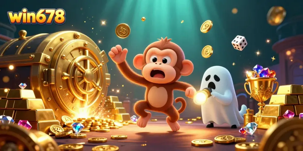 Experience the thrill of win678 with a mischievous monkey and puppy in a haunted casino scene.