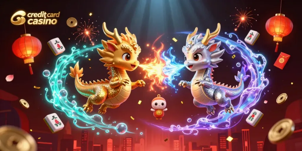 Experience the excitement of a credit card casino with dynamic dragons and vibrant casino elements.