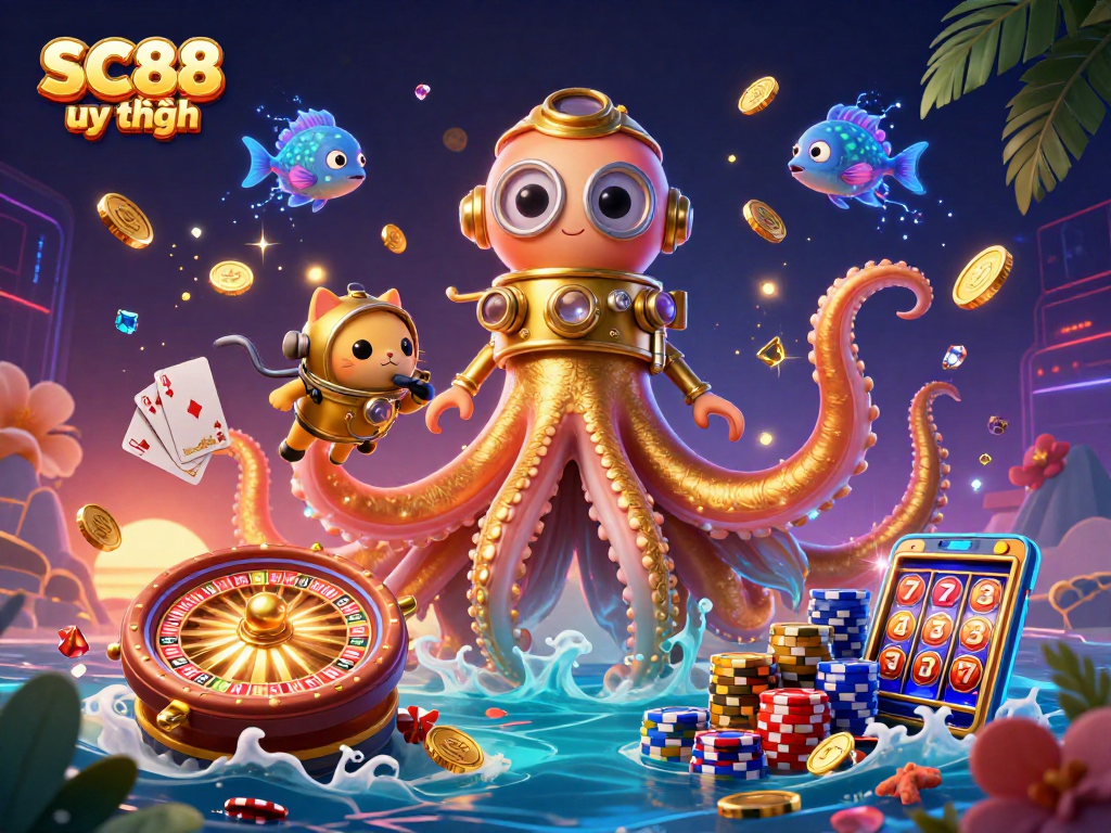 Experience the thrilling chaos of SC88 uy tín as a colossal kraken and a vintage diving cat unveil ocean treasures.
