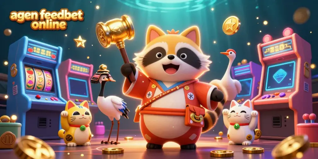 Engage with agen feedbet online through an exciting illustration of a cheerful raccoon and vibrant casino elements.