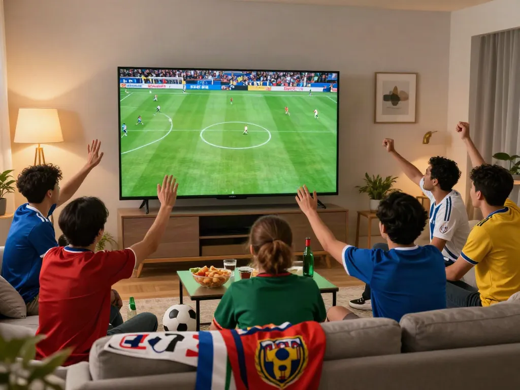 Fans enjoying a live Thapcamtv soccer match in a cozy living room.