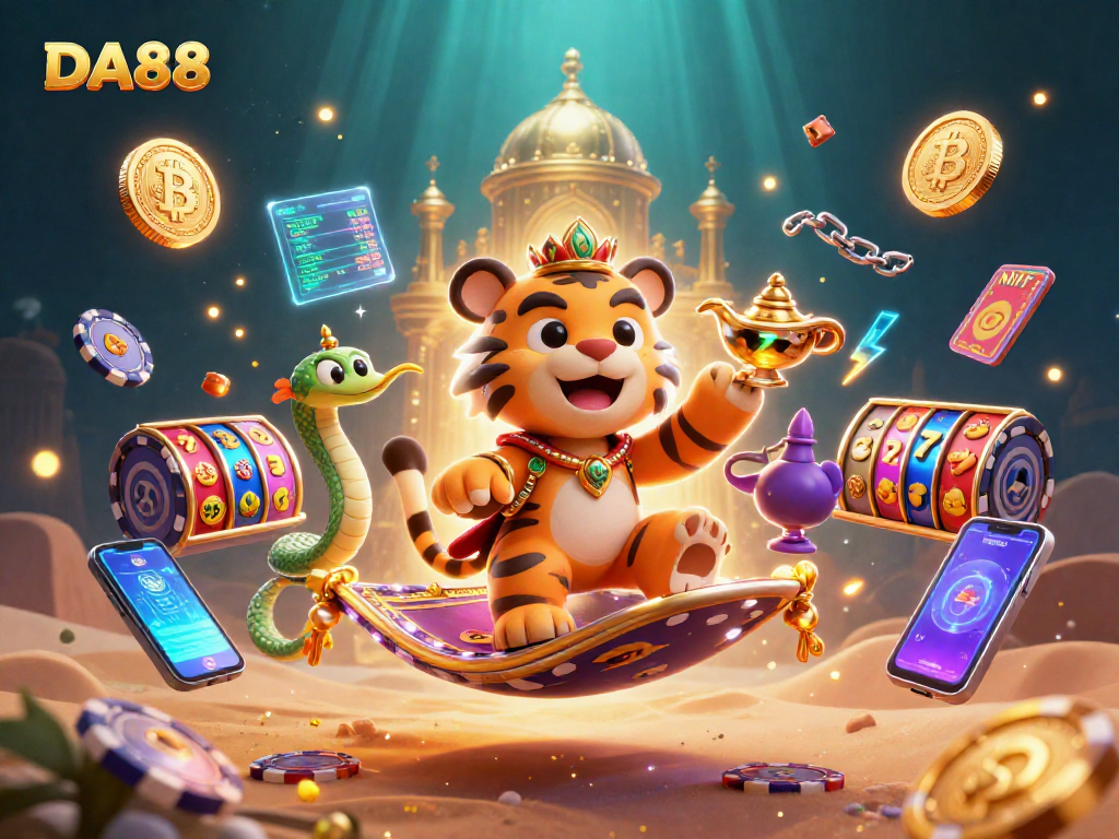 DA88 showcases a vibrant scene with a tiger sultan and magical elements in a dynamic casino setting.