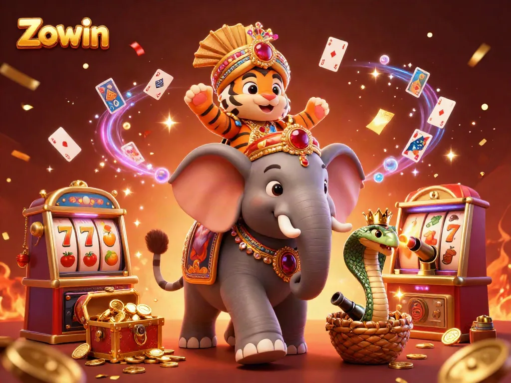 Zowin graphics featuring an ornate maharaja tiger riding a jeweled elephant surrounded by casino elements.