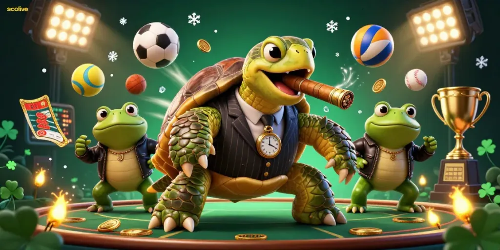 Socolive showcases a vibrant casino-themed scene featuring a cartoon turtle in a suit, dynamic sports balls, and trophy elements.