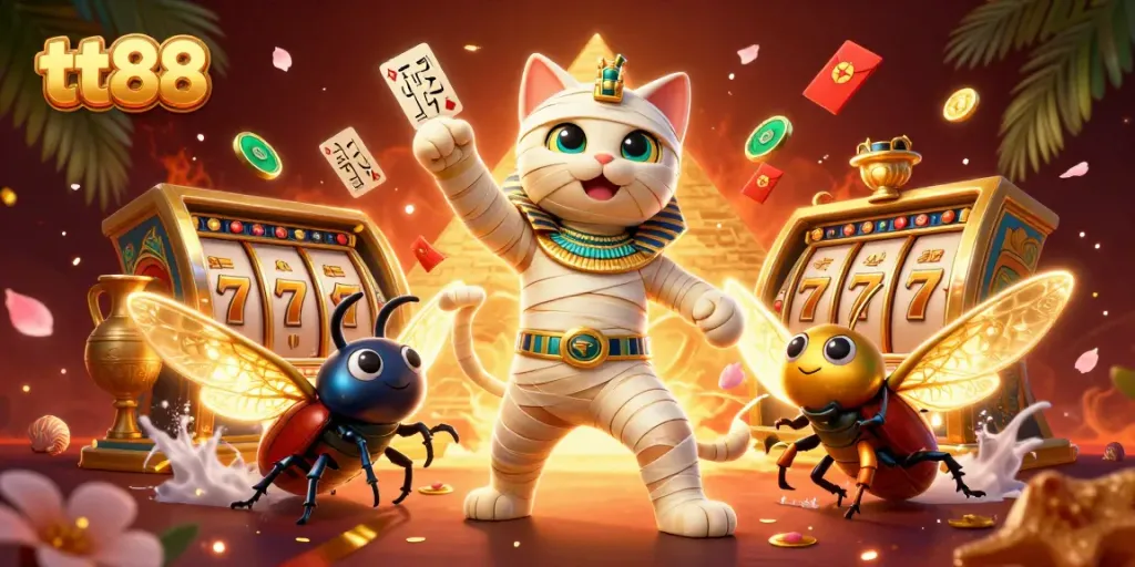 Experience the thrilling atmosphere of tt88 with a cartoon cat emerging from a sarcophagus amidst engaging casino elements.