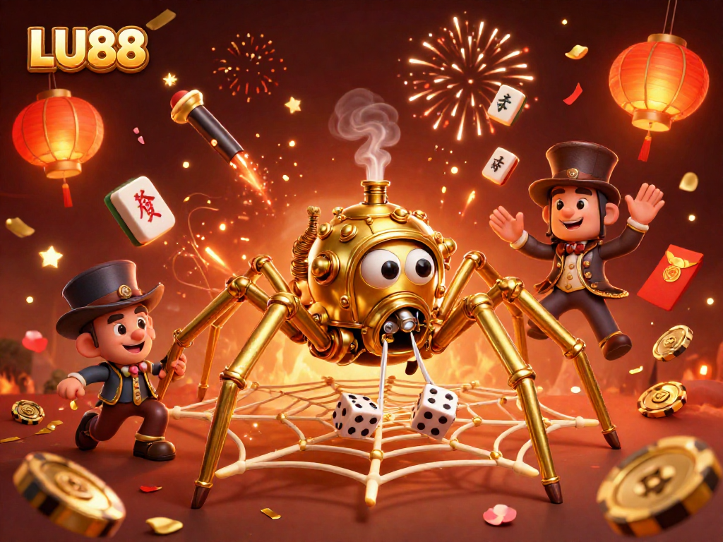 LU88 captures the thrill of gambling with a steampunk spider web and vibrant casino elements.