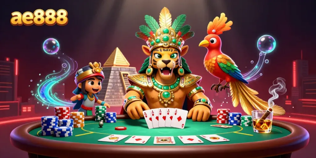 Experience the excitement of ae888 with a vibrant casino scene featuring poker elements!