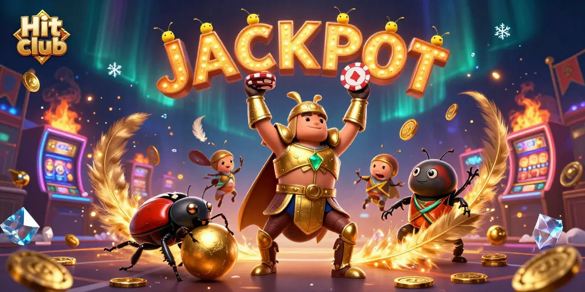 Hit club evokes excitement as cartoon beetles celebrate a jackpot in a vibrant casino scene.