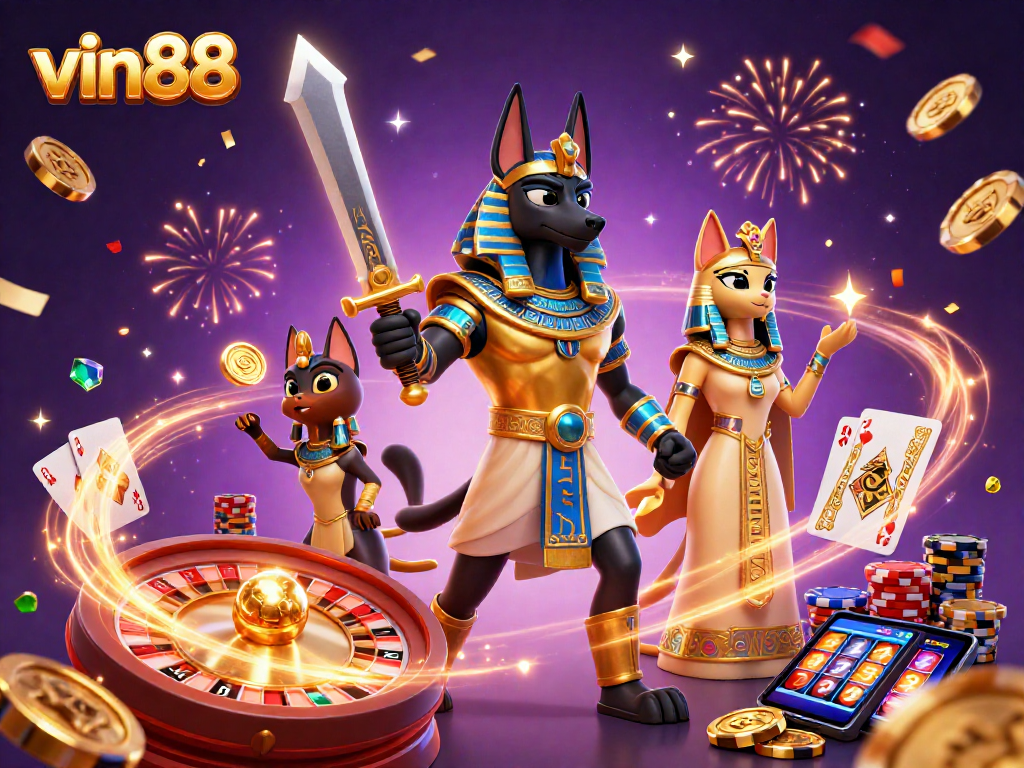 Experience vinc88 casino thrills as Anubis and Bastet celebrate with luxury gaming elements.