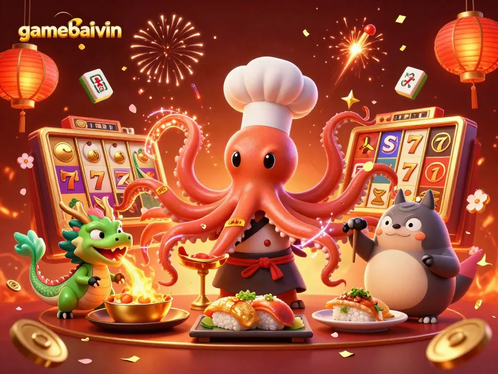 Experience thrilling games at gamebaivin with our vibrant casino scene featuring a sushi chef octopus.