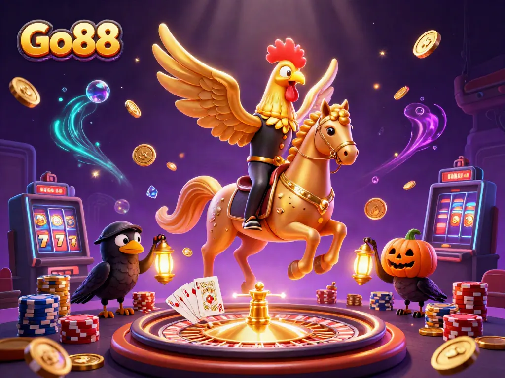 Experience the vibrant casino atmosphere with Go88 as golden coins and gems scatter around. Play now!