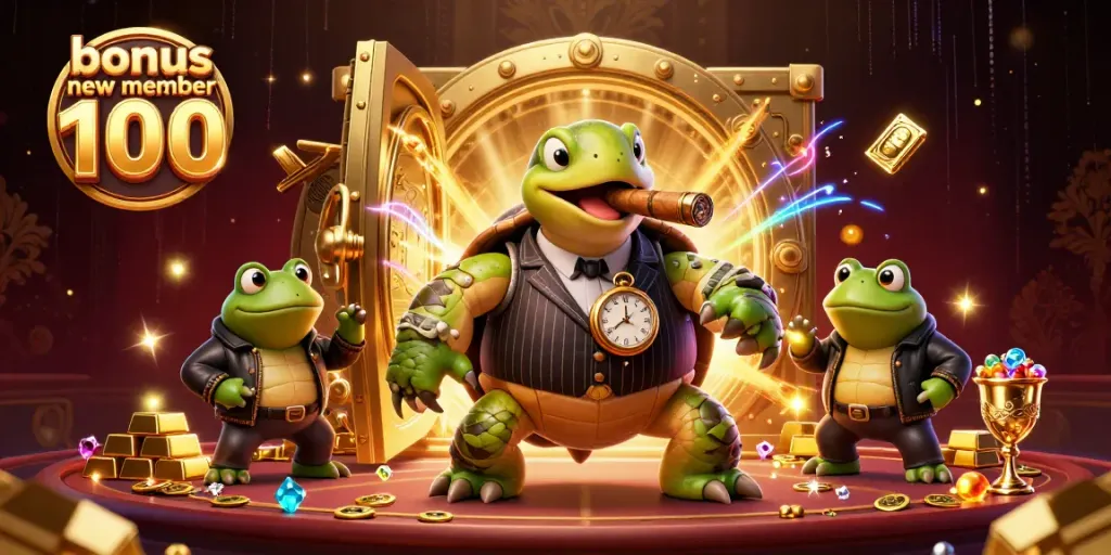 Engage with bonus new member 100 promotions in a lush 3D casino scene featuring a turtle in mobster attire.