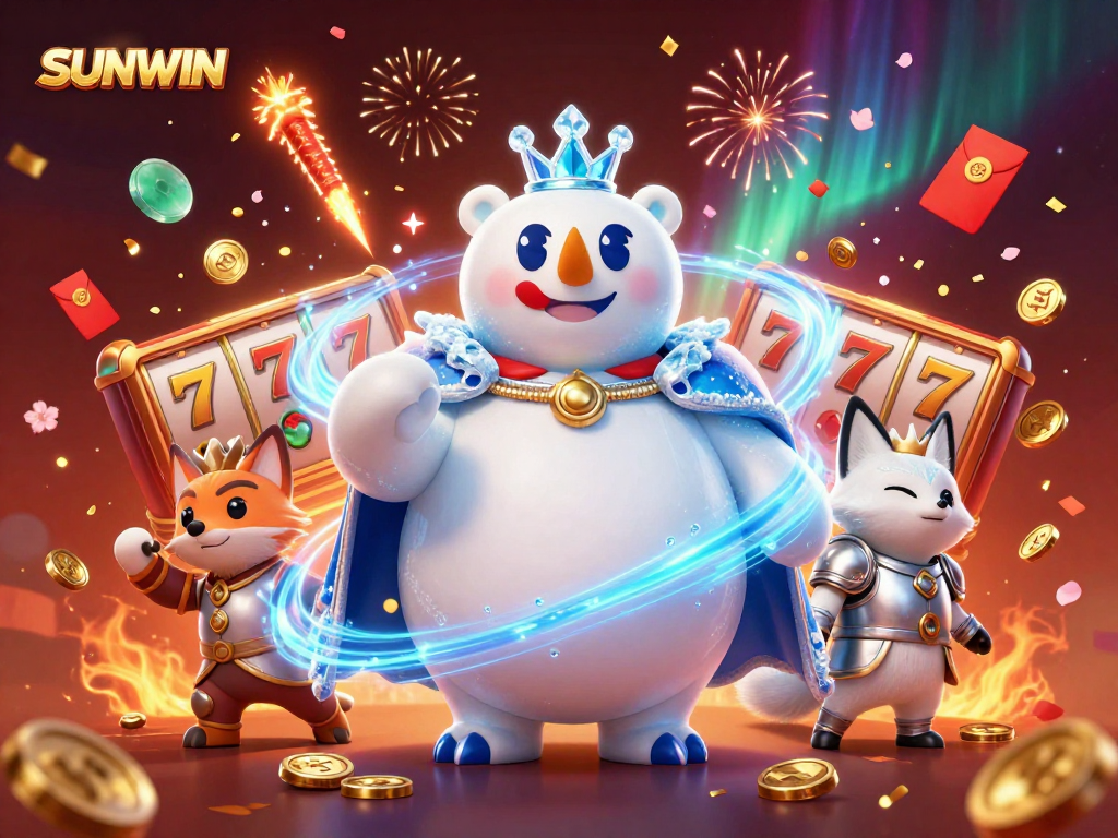 SUNWIN immerses players in a vibrant casino atmosphere with slot reels and dynamic celebrations.