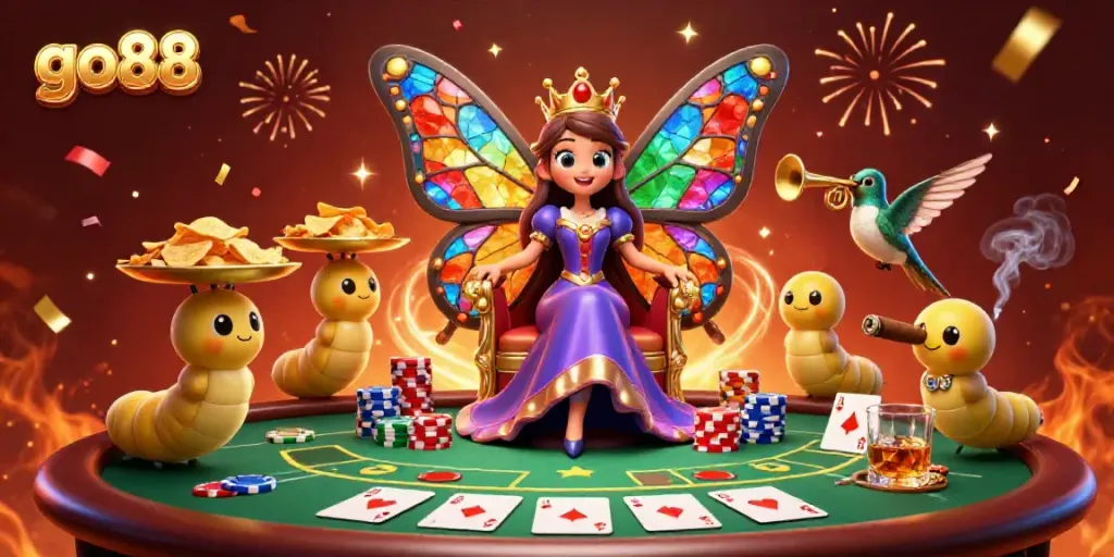 Experience the excitement of go88 with a vibrant 3D scene featuring a butterfly queen and poker elements.