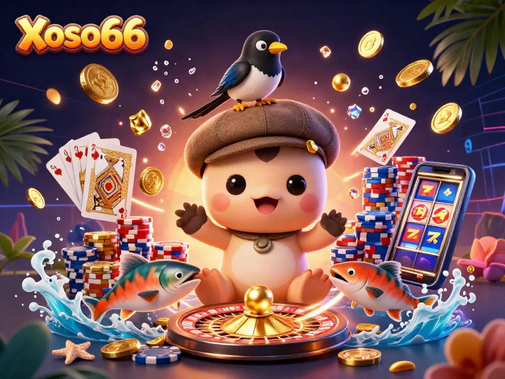Xoso66 engages players with vibrant 3D illustration of playful Nessie, gold coins, and roulette wheel.