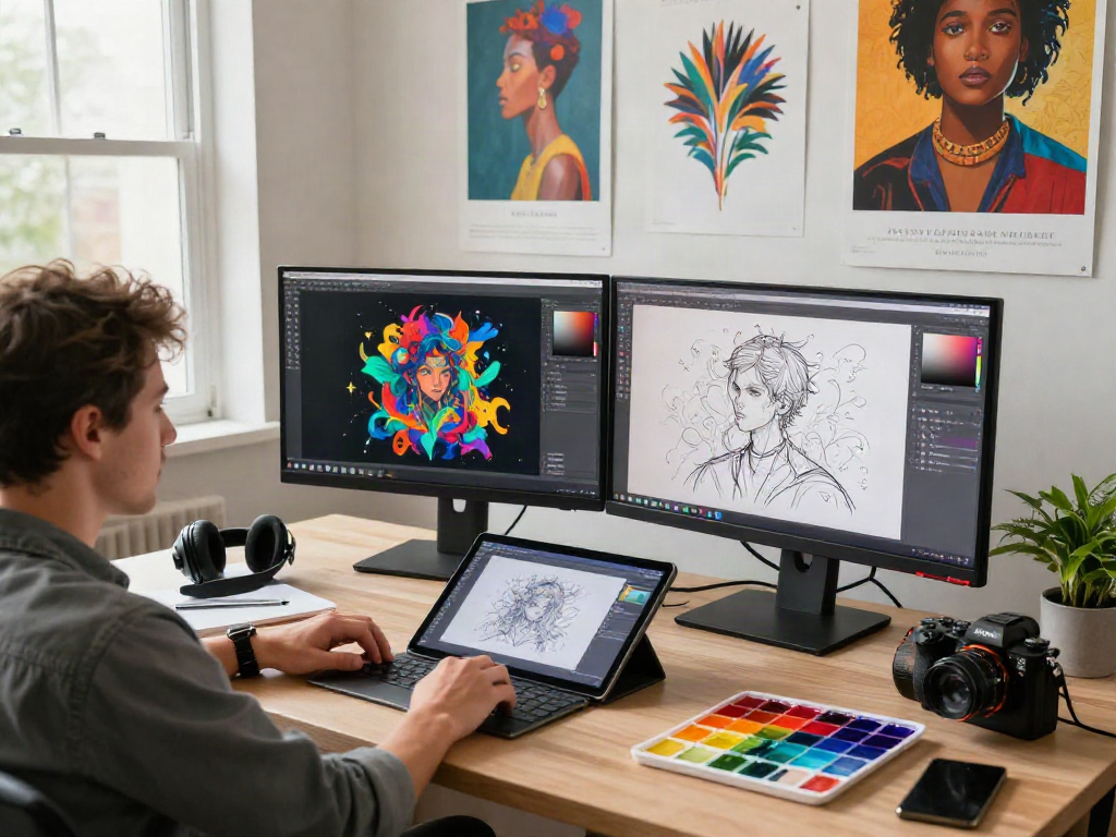 Artist creating innovative NSFW AI digital art in a modern studio filled with tech.
