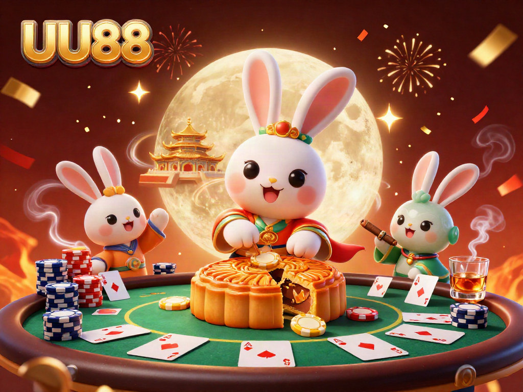 Engage in thrilling poker action with UU88 featuring a moon rabbit, poker chips, and festive elements.