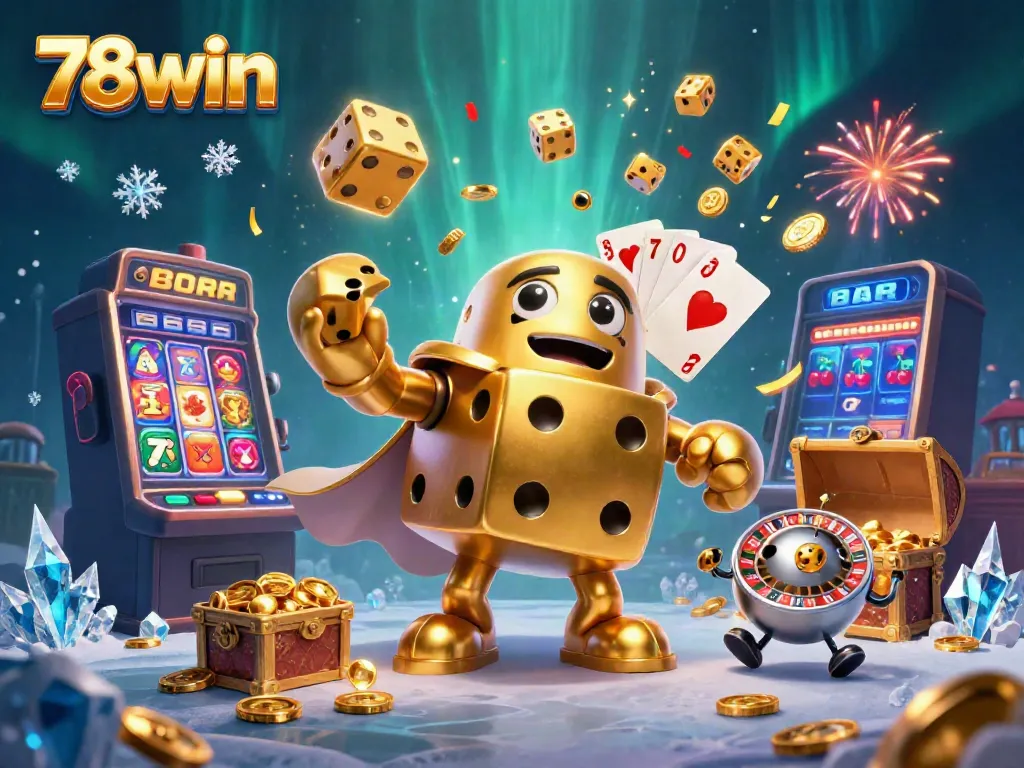 Experience lively gaming action with 78win's vibrant 3D casino scene featuring golden dice and slot machines.