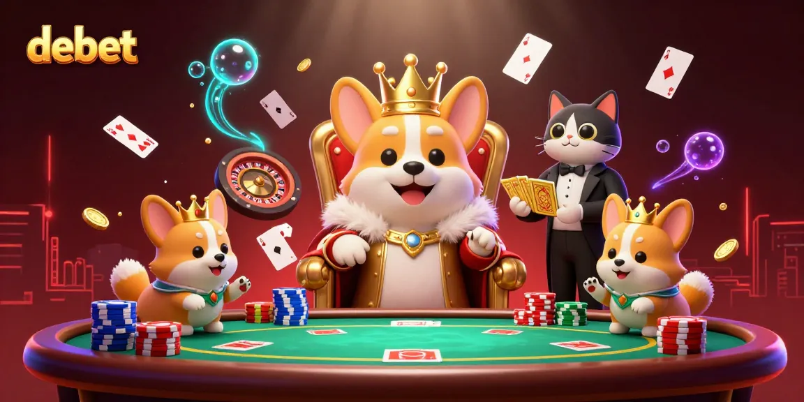 Experience the excitement of debet at this vibrant casino scene showcasing royal corgis and poker elements.