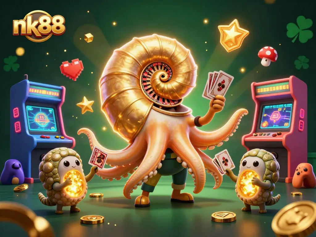 Experience nk88 gaming thrills with a vibrant 3D nautilus roulette and glowing game elements.