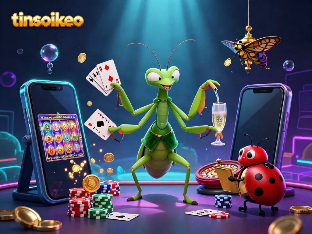 Engage with tinsoikeo's vibrant casino scene featuring a praying mantis card sharp, ladybug pit boss, and dynamic gaming elements.