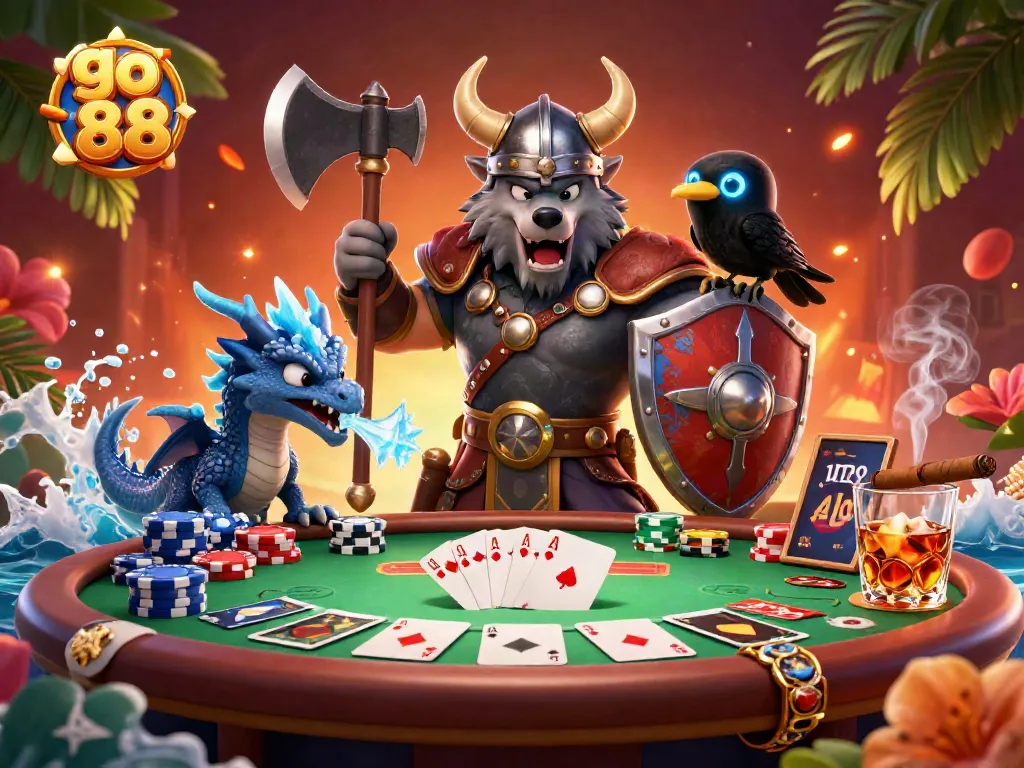 Experience the excitement of gambling at go 88 with a Viking wolf warrior and friends among poker chips and cards.