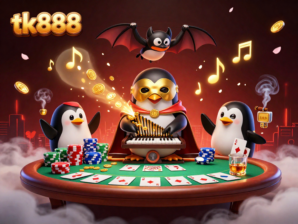 Experience the thrill of tk888 with a vivid 3D scene showcasing lively casino elements and dynamic characters.